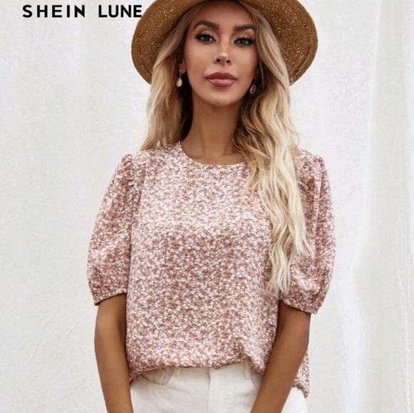 SHEIN Tops - Shein Ditsy Floral Puff Sleeve Boho Pink Blouse Size Medium Summer Spring